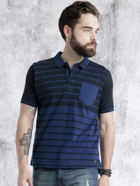 

Roadster Men Navy & Black Striped Polo Collar T-Shirt, Navy blue