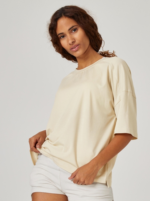 

NYAMBA By Decathlon Women Beige Drop-Shoulder Sleeves Loose T-shirt