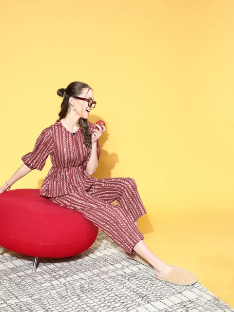 

JISORA Women Charming Maroon Striped Top with Trousers
