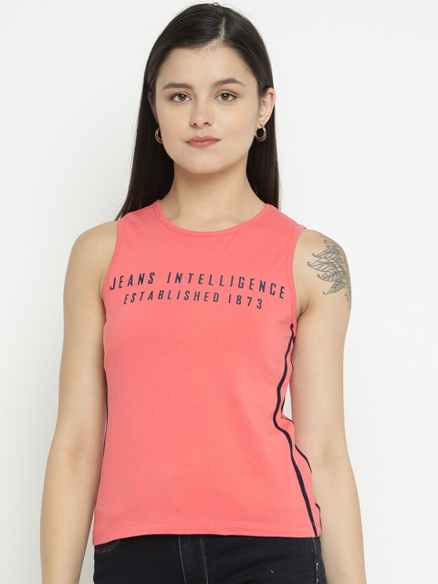 

V2 Value & Variety Women Coral Pink & Blue Printed Cotton Tank Top
