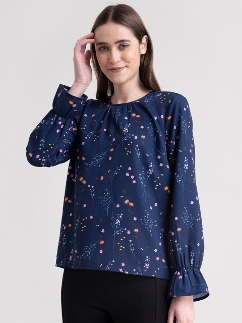 

FableStreet Navy Blue Disty Floral Print Bell Sleeves Top