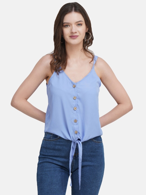 

JAAIVE Blue Front Knot Sleeveless Crepe Top