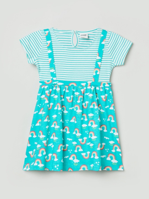

max Girls Turquoise Blue & White Striped Pure Cotton Fit & Flare Dress