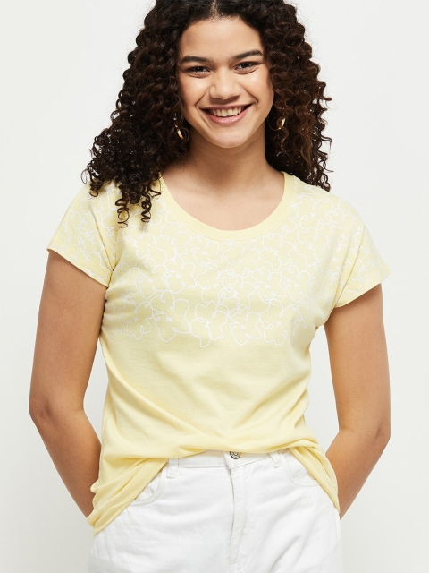 

max Women Yellow & White Abstract Printed Pure Cotton T-shirt