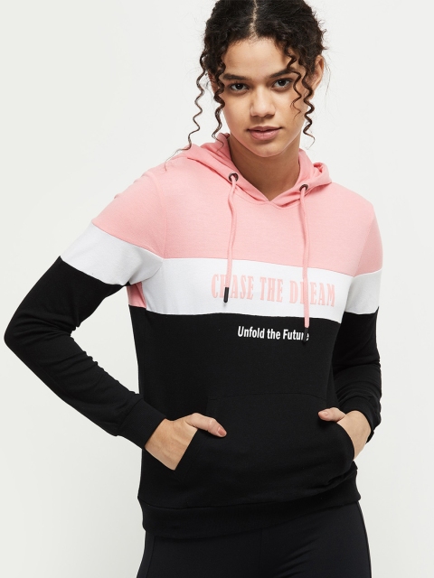

max Women Black & Pink Colourblocked Hooded Pure Cotton Sweatshirt