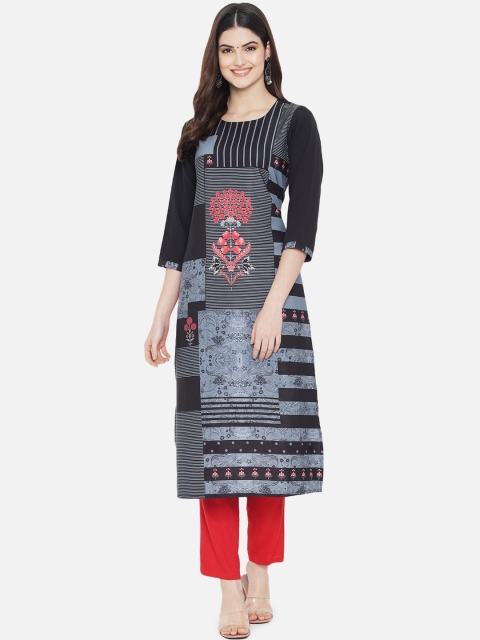 

KALINI Women Black Ethnic Motifs Printed Straight Crepe Kurta