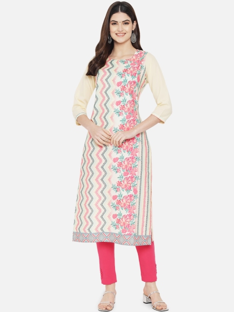 

KALINI Women Cream-Coloured & Pink Digital Printed Crepe Kurta