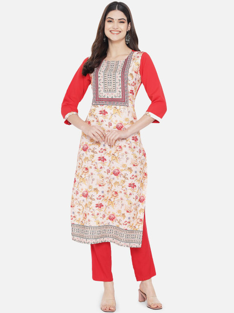 

KALINI Women Cream-Coloured & Red Floral Digital Printed Straight Kurta