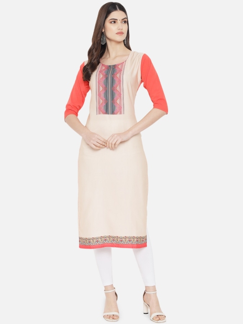 

KALINI Women Cream-Coloured & Coral Digital Print Yoke Design Straight Kurta