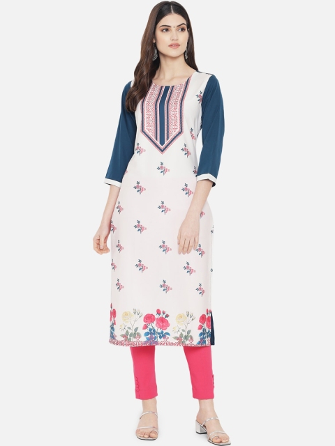 

KALINI Women Off White & Blue Floral Printed Crepe Kurta