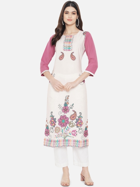 

KALINI Women Cream-Coloured Floral Printed Crepe Kurta