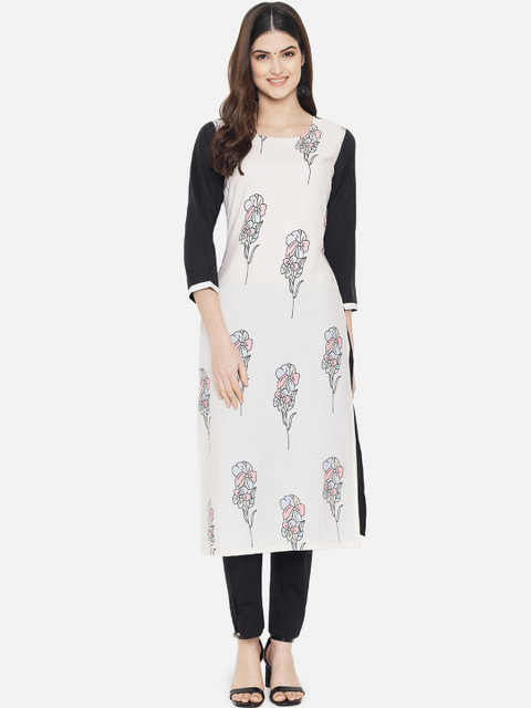 

KALINI Women Off White & Black Floral Printed Crepe Kurta