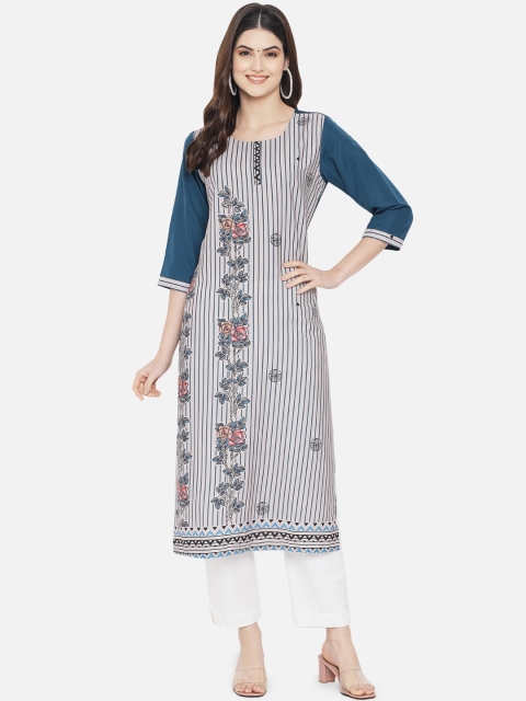 

KALINI Women Beige & Blue Teal Floral Printed Crepe Kurta
