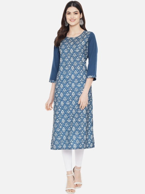 

KALINI Women Blue & White Geometric Printed Crepe Kurta