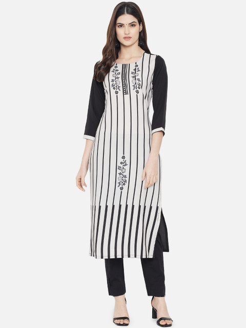 

KALINI Women Off-White & Black Striped Straight Kurta