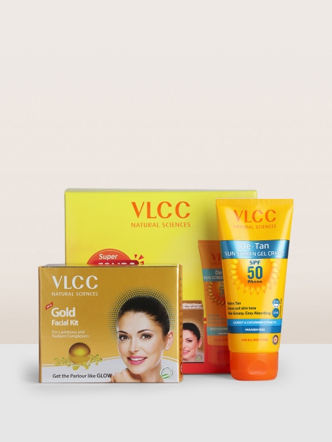 

VLCC Set of Gold Facial Kit 60 g & De Tan SPF 50 PA+++ Sunscreen Gel 100 g, Yellow