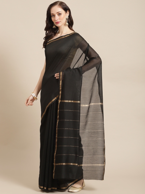 

BharatSthali Black Solid Chanderi Saree