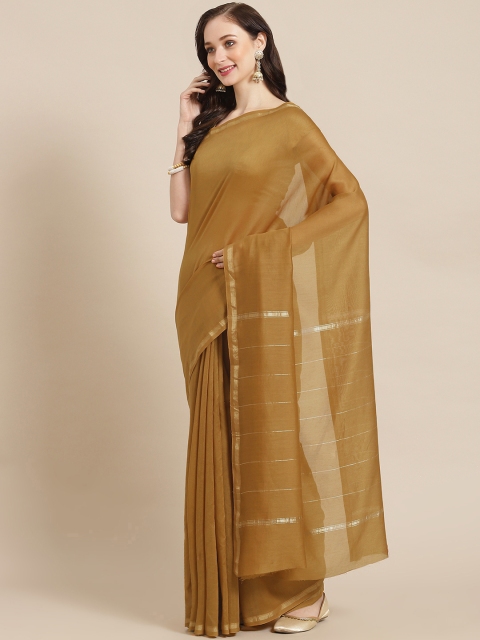 

BharatSthali Mustard Brown Solid Chanderi Saree