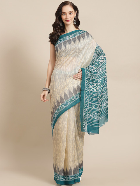 

BharatSthali Beige & Green Ethnic Woven Design Art Silk Sambalpuri Saree