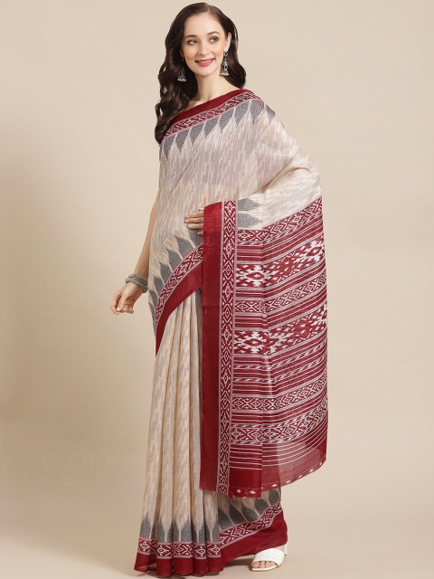 

BharatSthali Beige & Maroon Ethnic Woven Design Art Silk Sambalpuri Saree