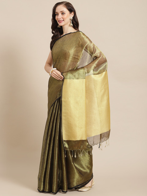 

BharatSthali Golden & Black Solid Pure Linen Banarasi Saree, Gold