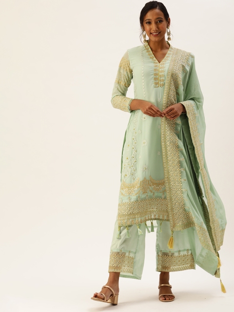 

cbazaar Women Green Ethnic Motifs Embroidered Sequinned Kurta with Palazzos & Dupatta