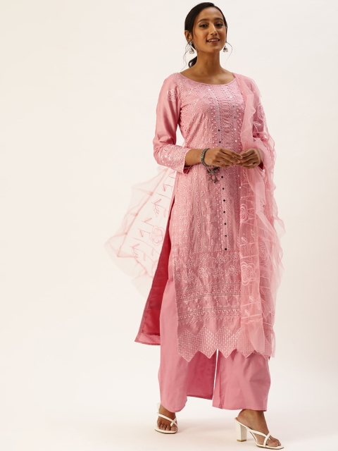 

cbazaar Women Pink Ethnic Motifs Embroidered Kurta with Palazzos & Dupatta