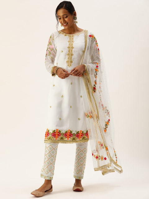 

cbazaar Women White & Golden Ethnic Motifs Embroidered Kurta with Trousers & Dupatta