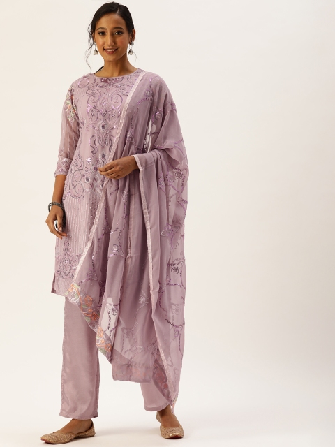 

cbazaar Women Mauve Ethnic Motifs Embroidered Sequinned Kurta with Trousers & Dupatta