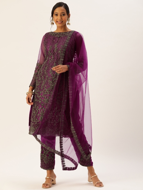 

cbazaar Women Purple Ethnic Motifs Embroidered Kurta with Trousers & With Dupatta