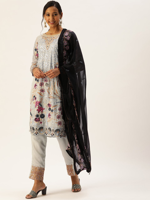 

cbazaar Women Grey Sequinned Kurta with Trousers & With Dupatta