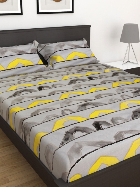 

Home Centre Grey & Yellow Abstract 144 TC Double King Bedsheet with 2 Pillow Covers