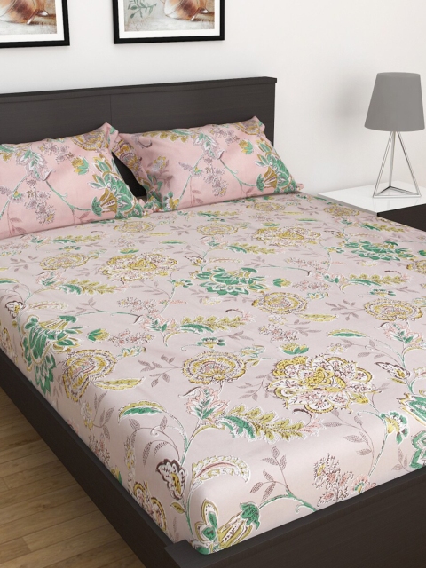 

Home Centre Pink & Green 144 TC Queen Floral Bedsheet with Pillow Covers