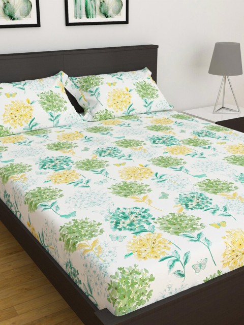 

Home Centre Orange & Green Floral Printed 144 TC Queen Size Bedsheet With Pillow Covers