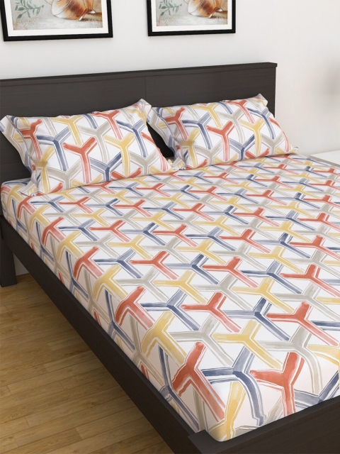 

Home Centre White & Blue 144 TC Queen Geometric Bed sheet with Pillow Covers