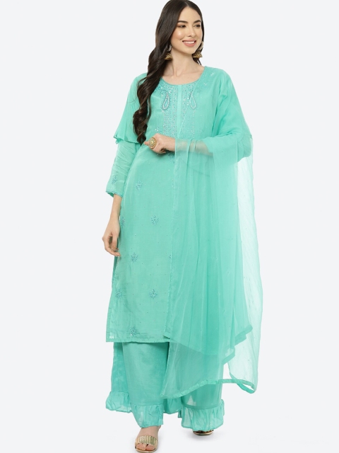

Biba Turquoise Blue & Silver-Toned Embroidered Art Silk Unstitched Dress Material