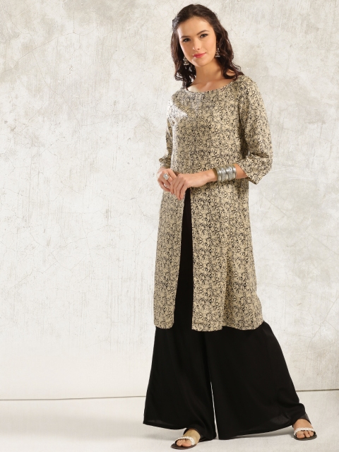 

Anouk Women Beige & Black Printed A-Line Kurta