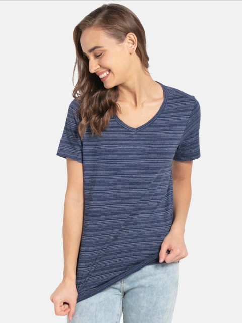 

Jockey Women Blue Striped V-Neck Regular Fit T-shirt