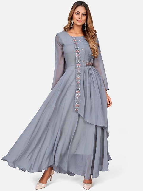 

SHOPGARB Women Grey Embroidered Thread Work Indigo Georgette Anarkali Kurta