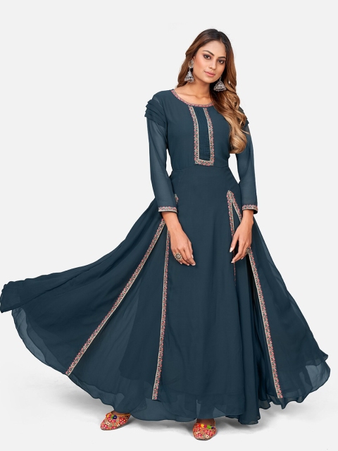 

SHOPGARB Women Blue Thread Work Asymmetric Georgette Anarkali Kurta