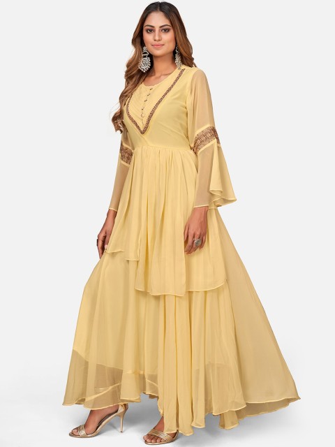 

SHOPGARB Women Beige Keyhole Neck Flared Sleeves Thread Work Asymmetric Georgette Anarkali Kurta