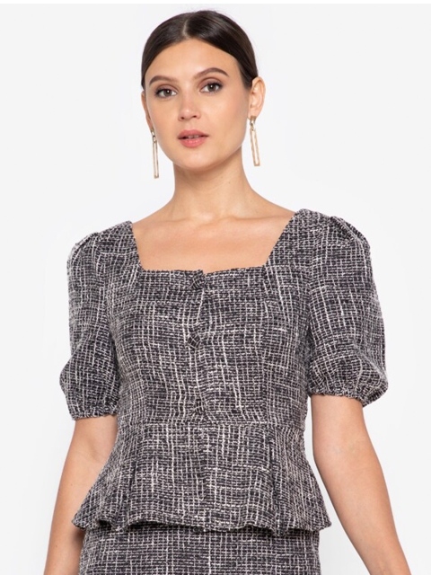 

ZALORA OCCASION Black & White Print Pure Cotton Peplum Top