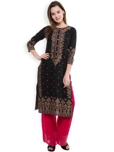 

Vishudh Women Black Printed Straight Kurta