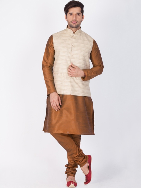 

VASTRAMAY Men Brown & Beige Kurta with Churidar & Nehru Jacket