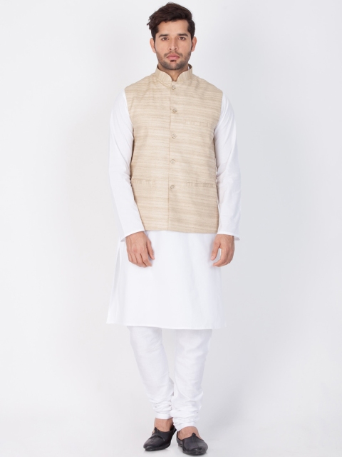 

VASTRAMAY Men White & Beige Pure Cotton Kurta with Churidar & Nehru Jacket