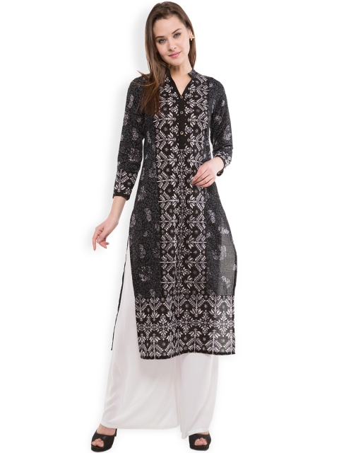 

Vishudh Women Black Printed Straight Kurta