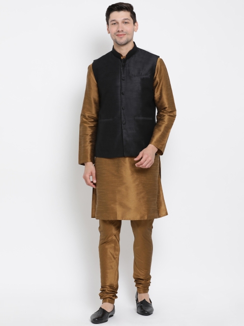 

VASTRAMAY Men Coffee Brown Solid Kurta With Churidar & Nehru Jacket