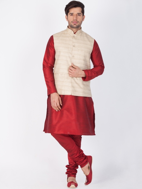 

VASTRAMAY Men Maroon Solid Kurta With Churidar & Nehru Jacket
