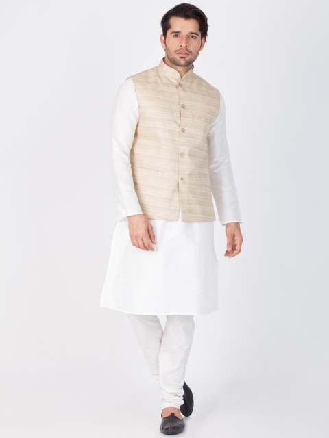 

VASTRAMAY Men White Solid Kurta With Churidar & Nehru Jacket