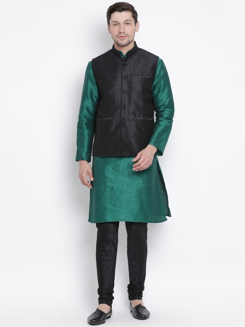

VASTRAMAY Men Green Solid Kurta With Churidar & Nehru Jacket